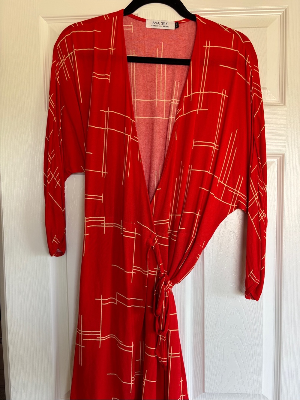 AVA SKY Red Wrap Dress with Abstract Cream Lines Design